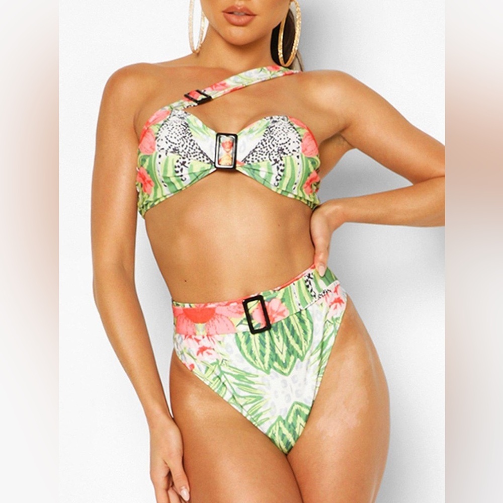 Boohoo ABSTRACT FLORAL BUCKLE BANDEAU HIGH WAIST BIKINI NWOT